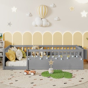 Aortzio Twin Wooden Floor Bed with High Rails, Light & Storage Shelf - 1 of 4