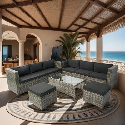 8 Piece Outdoor Wicker Patio Furniture Set,Wicker Garden Sofa Set with Cushions and Glass Table,Rattan Sectional Sofa for Backyard–Coolbibila