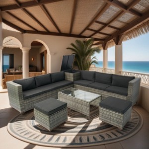 8 Piece Outdoor Wicker Patio Furniture Set,Wicker Garden Sofa Set with Cushions and Glass Table,Rattan Sectional Sofa for Backyard–Coolbibila - 1 of 4