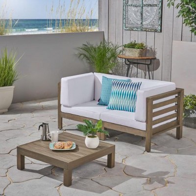 NicBex Modular Sectional Sofa Set, Outdoor Patio Sofa Set, 2-Piece Loveseat with Square Coffee Table, Acacia Wood Outdoor Couch Set