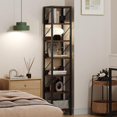 Narrow Bookshelf Tall Skinny Bookcase 6 Tier Storage Rack Rustic Corner Shelf Metal Frame Small Freestanding Bookshelves
