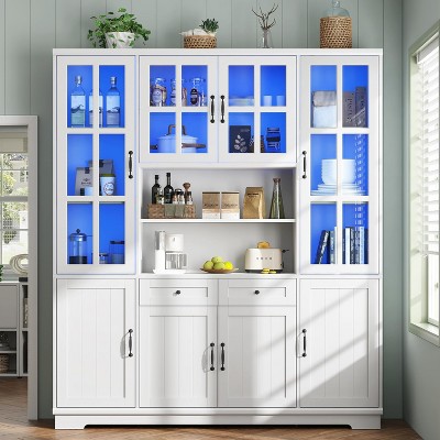 AMERLIFE 79" Tall Modern Storage Cabinet with Glass Doors & LED Lights for Living Room, White
