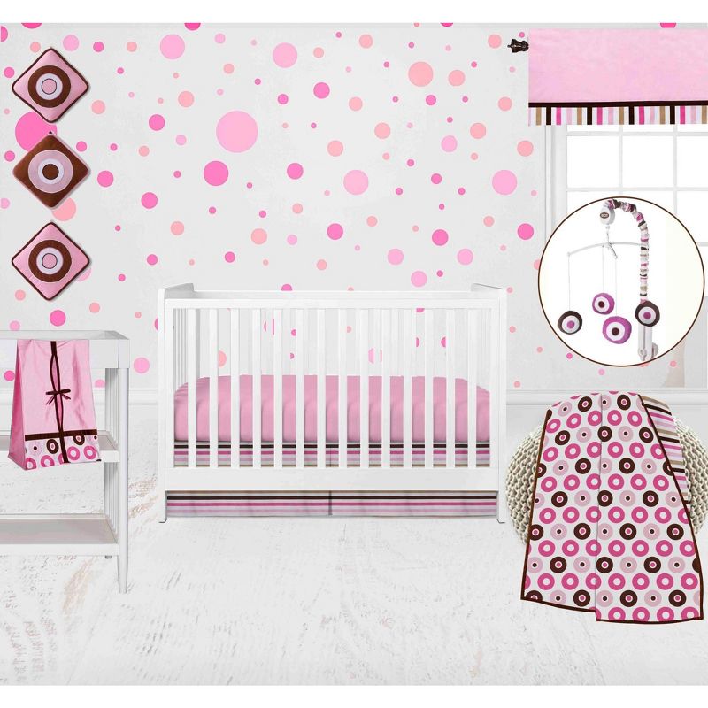 Bacati - Mod Dots Stripes Pink Fuschia Beige Chocolate 10 pc Crib Bedding Set with 2 Crib Fitted Sheets, 1 of 12
