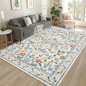 Coucheta Washable Area Rug - Non-Slip Vintage Floral Low Pile Soft Living Room Carpet, Machine Washable Farmhouse Rug for Bedroom - 1 of 4