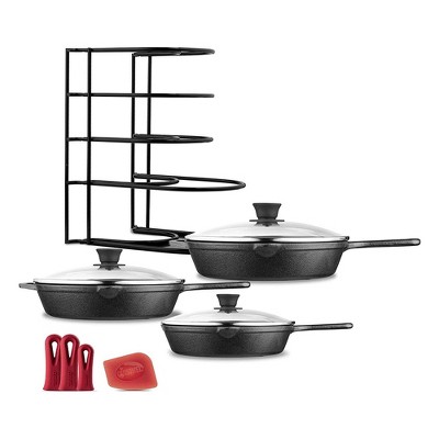 Cuisinel 7 Piece Kitchen Essential Pre Seasoned Cast Iron Chef Cookware Set  With 3 Skillets, Handle Covers, Rack Organizer, And Pan Scraper : Target