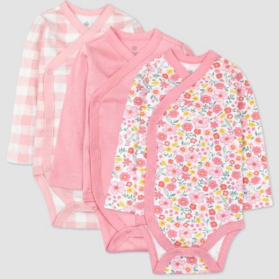 Honest Baby Girls' 3pk Organic Cotton Fall Floral Kimono Bodysuit - Pink