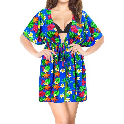 LA LEELA Women's Summer Mini Beach Tropical Dress Swimsuit V Neck Tops Cover Ups for Swimwear Women