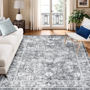 Boho Vintage Floral Area Rug, Washable Non-Slip Indoor Foldable Carpet, Stain-Resistant Distressed Print Mat for Living Room, Bedroom, Kitchen - 1 of 4