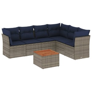 vidaXL 7 Piece Patio Sofa Set with Cushions Gray Poly Rattan - corner + Table + 2x middle - 1 of 4