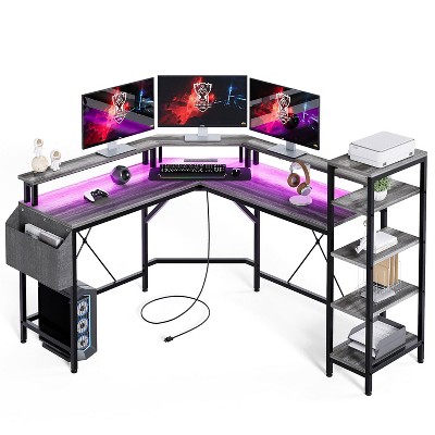 Whizmax L Shaped Desk with Power Outlets & LED Lights, 62" Computer Desk with Full Monitor Stand & Storage Shelves, Corner Desk Gaming Desk