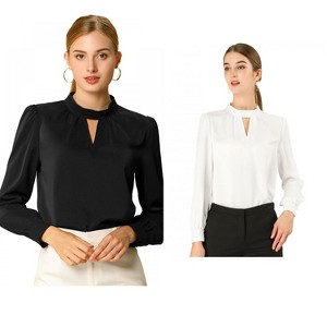 INSPIRE CHIC Women's Office Keyhole Elegant Stand Collar Long Sleeve Button Blouse 2 Packs - 1 of 4