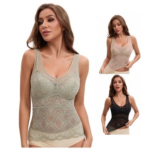 INSPIRE CHIC Women's 3 Packs Lace Mesh V-Back Wide Strap Fixed Cup Tank Top Longline Light and Breathable Camisoles - 1 of 4