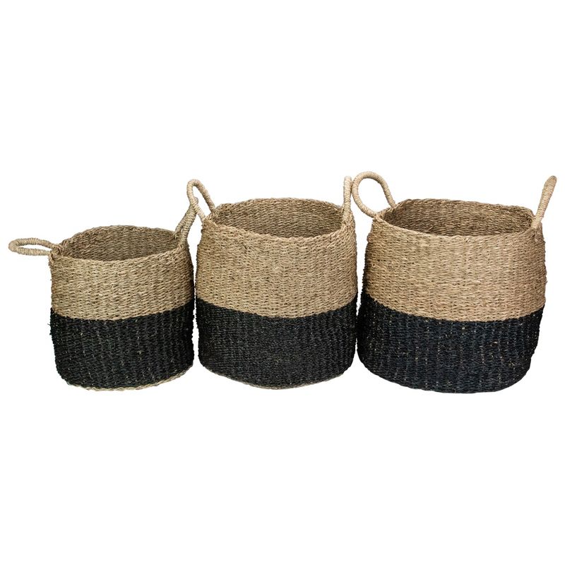 Northlight Set of 3 Beige and Black Round Wicker Table and Floor Baskets, 3 of 5