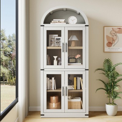 Arched Bookshelf with Doors Farmhouse Bookcase 15.83in Depth Display Storage Shelves