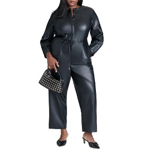 ELOQUII Women's Plus Size Leather Jumpsuit With Tie - 1 of 4