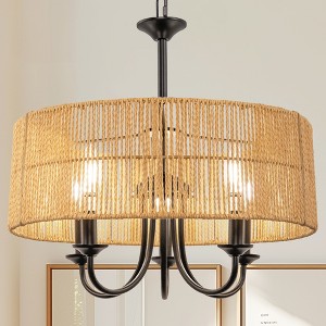 DORESshop 5-Light Hand Woven Rattan Pendant Light, Boho Large Farmhouse Chandelier with 4-Tier Rattan Shade for Living Room - 1 of 4