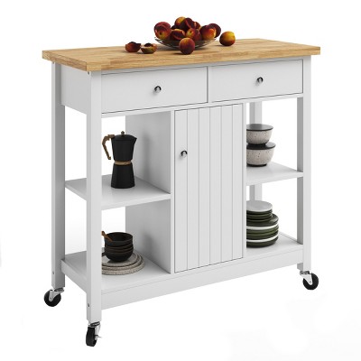 White Wood Butcher Block Kitchen Cart with Storage