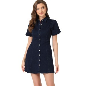 Allegra K Women's Puff Short Sleeve Collared Button Front Mini Denim Dress - 1 of 4