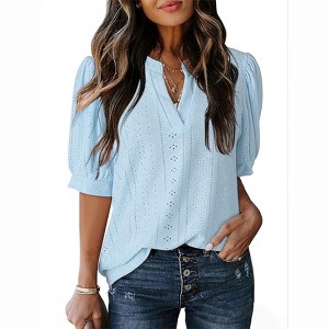 Coolmee Women Summer Eyelet Blouses Business Casual V Neck Short Sleeve Shirts Hollow Out Cute Lace Tops - 1 of 4