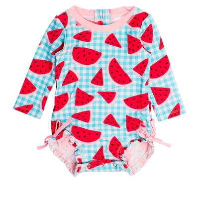 RuffleButts Baby Girls UPF50+ Sun Protected Gingham Long Sleeve One Piece Rash Guard - Watermelon Gingham, 0-3m
