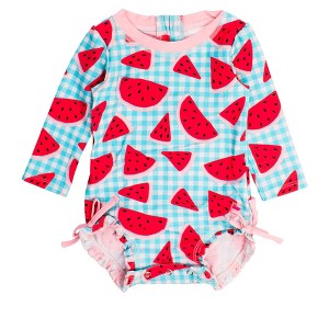 RuffleButts Baby Girls UPF50+ Sun Protected Gingham Long Sleeve One Piece Rash Guard - Watermelon Gingham, 0-3m - 1 of 4