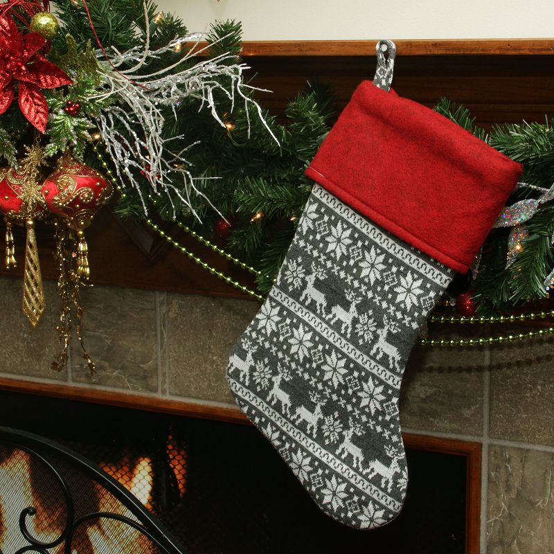 Northlight 19" Festive Grey, White and Red Snowflakes & Reindeer Knit Christmas Stocking, 2 of 3