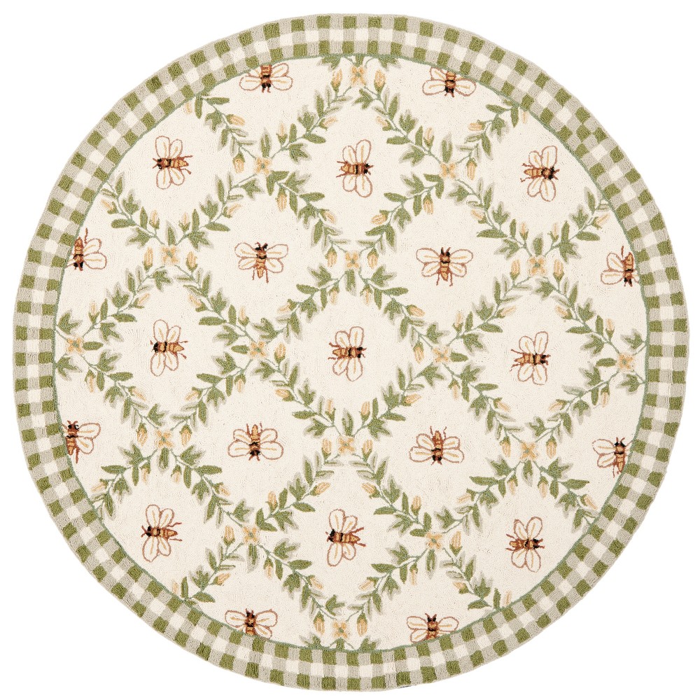 8' Round Bee Hooked Area Rug Ivory/Green - Safavieh