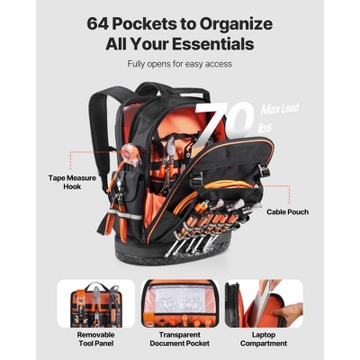 VEVOR Tool Backpack, 64 Pockets, Heavy-duty Tools Storage Organizer Work Bags with Laptop Compartment & Molded Base, Black+Orange — фото 3