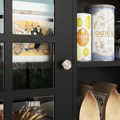 Sleek Modern Black Kitchen Buffet with Glass Door Hutch