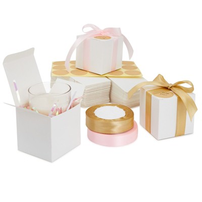 Stockroom Plus 50 Pack White Kraft Paper Gift Boxes, Bulk Set with Ribbons & Stickers (3 x 3 x 3 In)