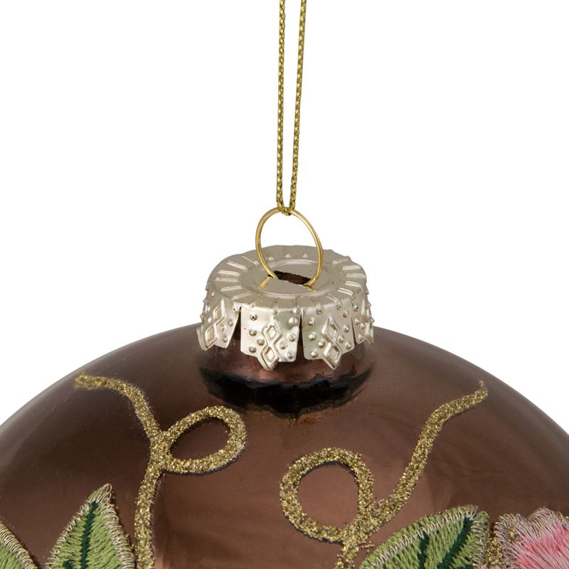 Northlight 2-Finish Brown and Pink Floral Applique Glass Christmas Ball Ornament 5" (125mm), 3 of 5