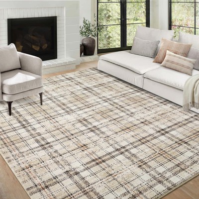 8x10 Washable Rugs Non Slip - Farmhouse Plaid Area Rug for Living Room, Bedroom (Beige)