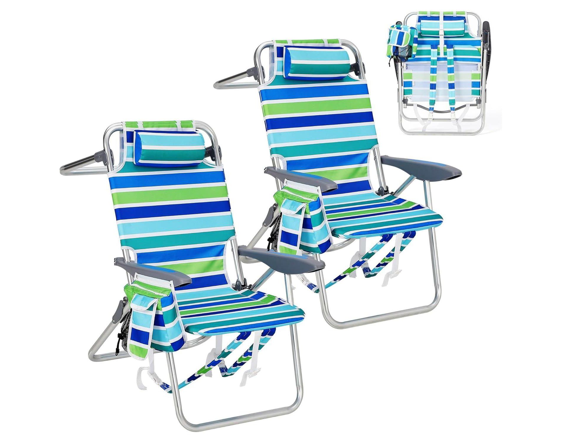 Set of 2 Backpack Beach Chairs for Adults, Lightweight Aluminum Folding Chairs with 5-Position Adjustable Backrest, Cooler, Towel Bar