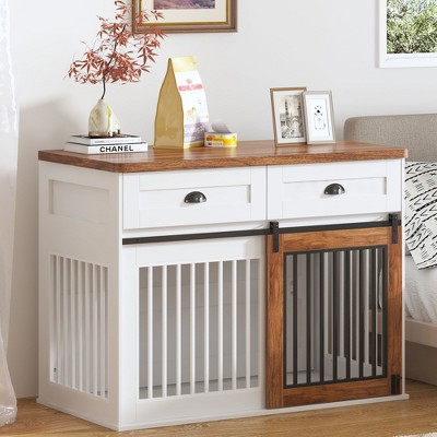 NicBex 44.49Inch Dog Crate Furniture Modern Decorative Dog Cage with 2 Doors,End Table Dog Cage Indoor Use,White+Walnut