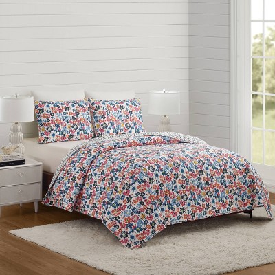 King White Cotton Reversible Floral Quilt Set