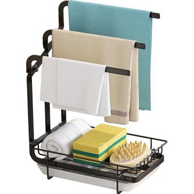YIGII-Kitchen sink sponge rack with drainage tray, kitchen sink organizer sponge brush soap tray metal rack