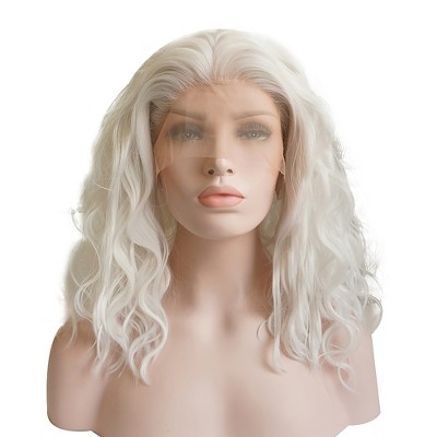 Unique Bargains Medium Long Fluffy Curly Wavy Lace Front Wigs for Women with Wig Cap 14" White