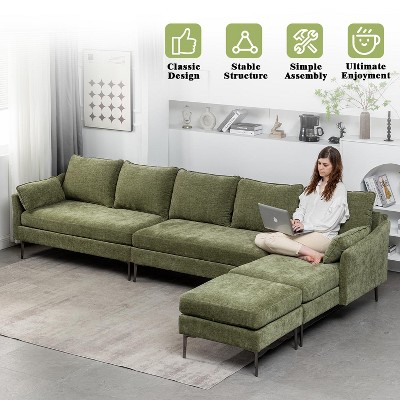 Green Chenille U-Shaped Convertible Sectional Sofa with Ottoman