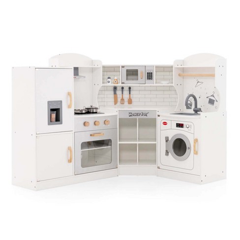 Qaba Wooden Play Kitchen With Lights Sounds, Kids Kitchen Playset With  Washing Machine, Water Dispenser, Microwave, Range Hood, Refrigerator :  Target