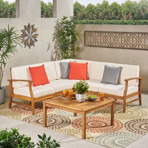Christopher Knight Home Perla Outdoor Acacia Wood 5 Seater Sectional Sofa Chat Set with Water-Resistant Cushions - 1 of 4