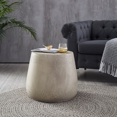 Textured Boho Concrete Side Table with Drum Shape, Lightweight Structure and Handcrafted Finish for Indoor or Outdoor Use-Maison Boucle