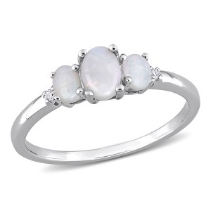 EVERLY JEWELRY | 10k White Gold Oval Opal 3-Stone Ring with Diamonds - 1 of 4