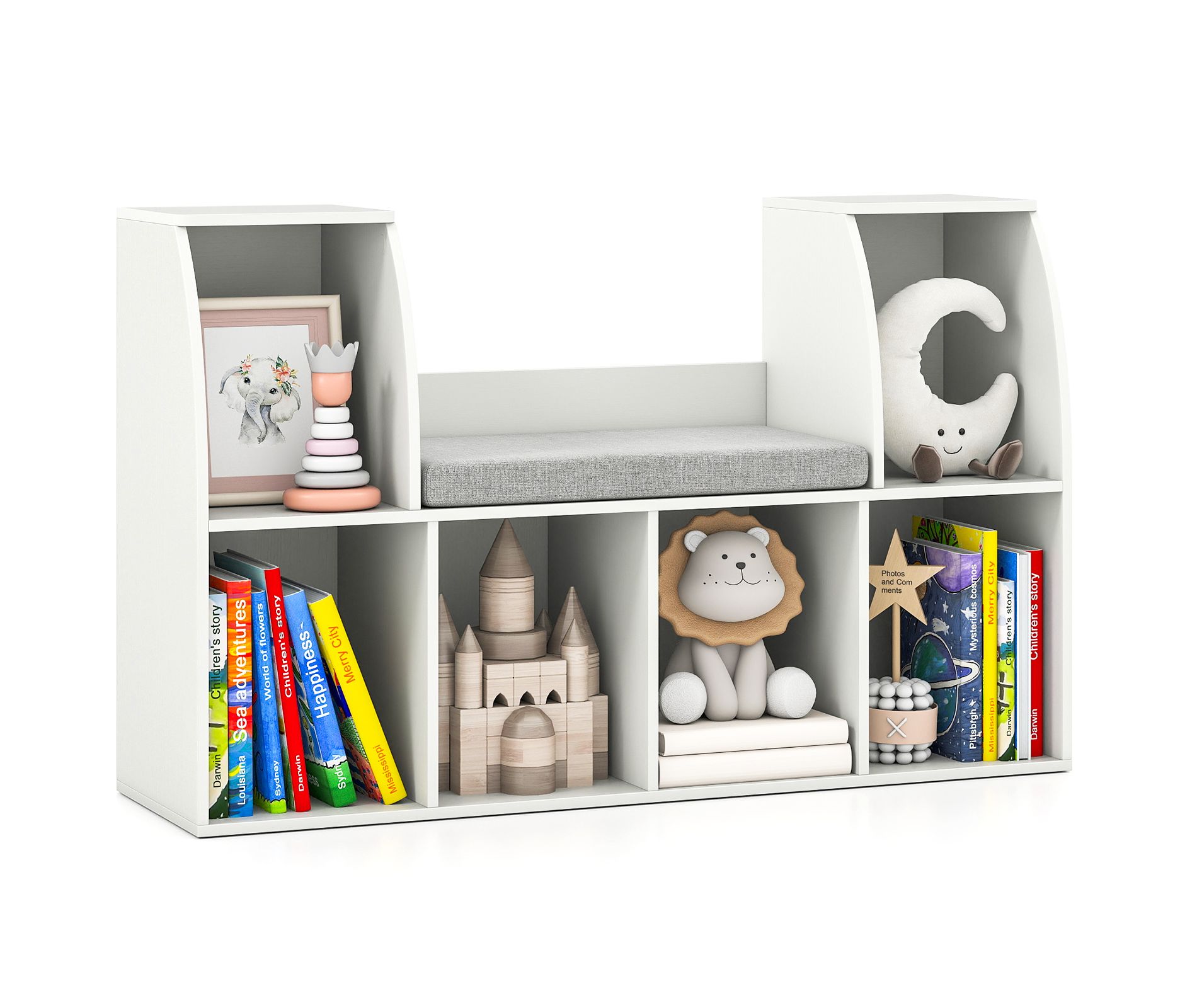 Costway 40''Kids Bookshelf w/Reading Nook 6 Storage Cubbies & Seat Cushion for Playroom