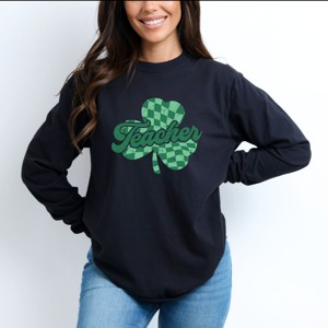 Simply Sage Market Teacher Checkered Shamrock Garment Dyed Long Sleeve - 1 of 3