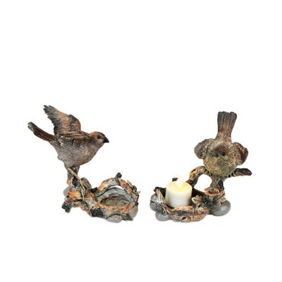 Melrose Set of 2 Nature's Story Teller Bird on Branch Tea Light Candle Holders 5.5"