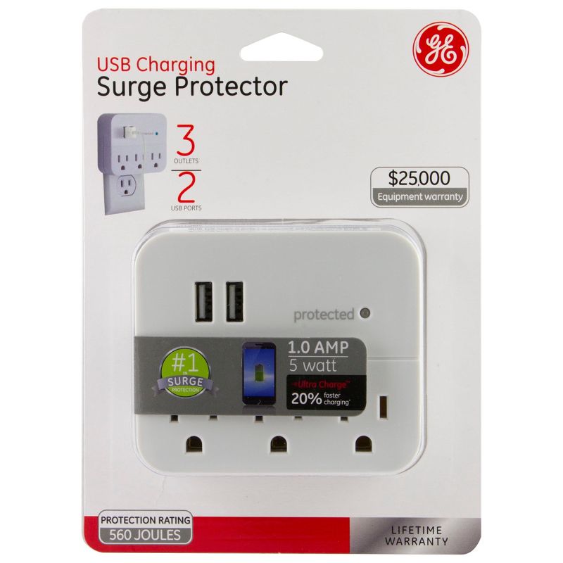 GE 3 Outlet 2 USB Port Surge Protector Tap 560 White, 6 of 9