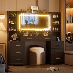 PAKASEPT 58.4" W Vanity Desk with LED Lights&Power Outlet, Mondern Makeup Vanity with 8 Drawers &Hair Dryer Stand, for Bedroom Dressing Room, Black - 1 of 4