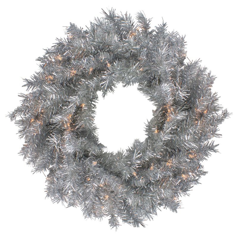 Northlight 24" Silver Tinsel Artificial Christmas Wreath, Clear Lights, 1 of 6