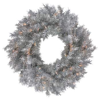 Northlight 24" Silver Tinsel Artificial Christmas Wreath, Clear Lights