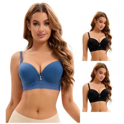 INSPIRE CHIC 3 Pcs Women's Lace Trim Underwire Adjustable Straps Plus Cup Size Push Up Bras